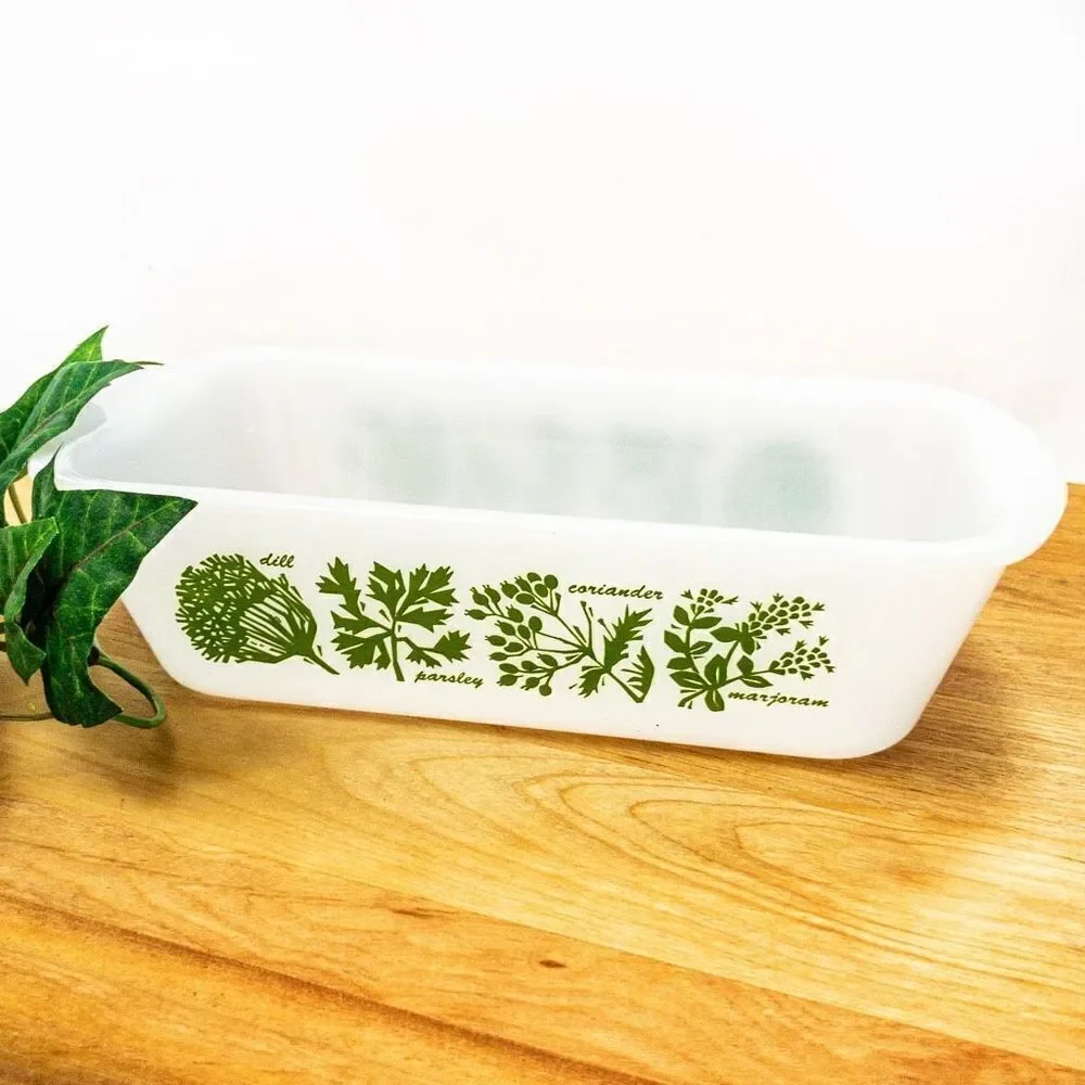 1960’s VTG Glasbake J522 1.5 Quart Milk Glass Loaf Pan Green Herb Pattern